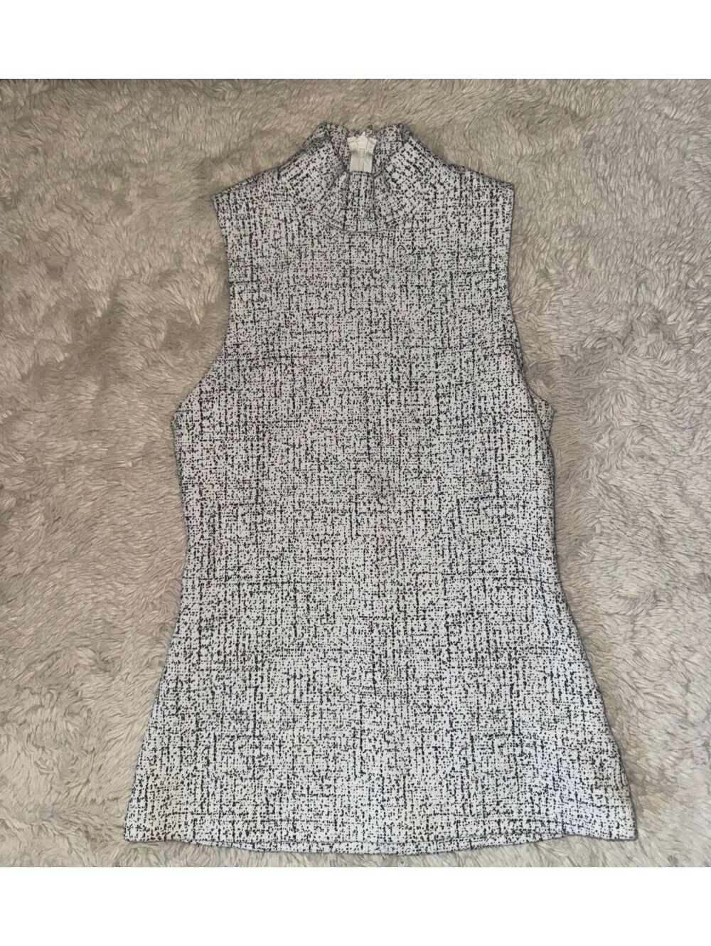 Express Tweed Mock Neck Sleeveless Top XS Black White Textured Knit Tank